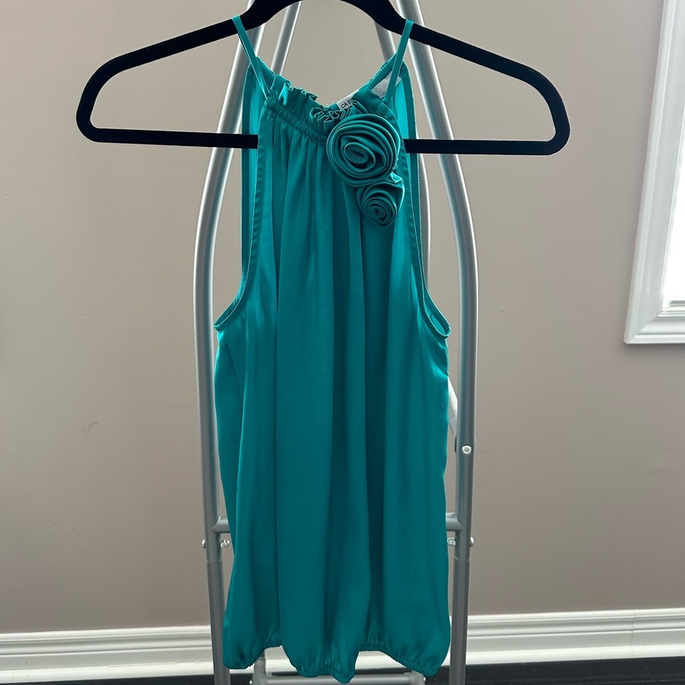 Teal satin halter blouse with flower detail. Size Medium
